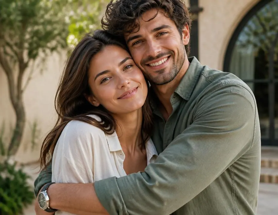 Casal se abraçando com naturalidade